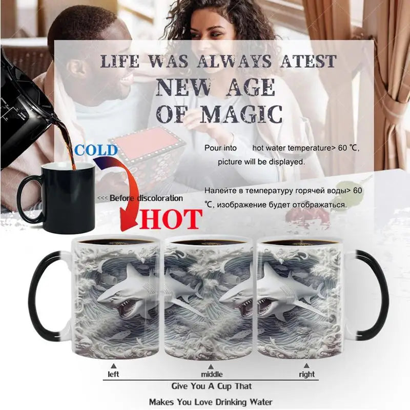 Magic Color Changing Shark Mug  Ceramic Water Cup Heat Sensitive Mugs Sea Fish Pattern Coffee milk Tea Cups adults gifts