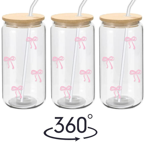 500ml Pink Bow Cute Glass Cups with Lids and Straw Tumbler Glass Cup for Iced Milk Coffee Smoothie Cocktail Matcha Juice Cup